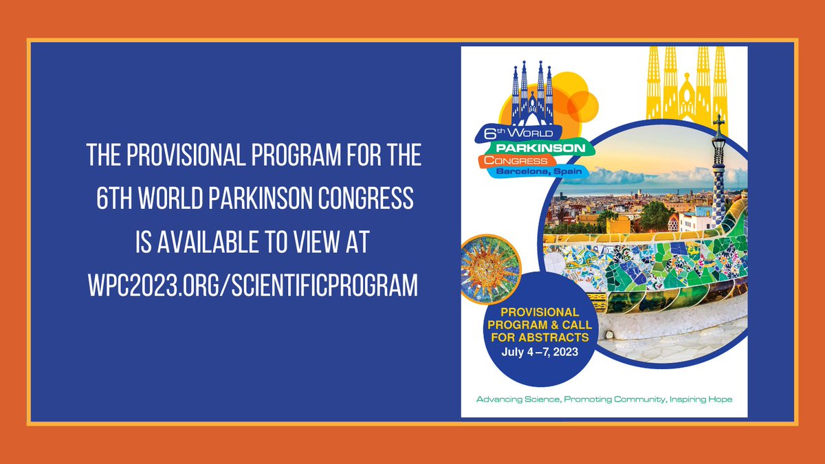 WorldPDCongress's tweet photo. The Provisional program for the 6th World Parkinson Congress is available to view! https://t.co/ckSBJpaB9R We're thrilled to already have so many amazing speakers confirmed for #wpc2023 - registration opens on October 3, 2022. 
#parkinsons #parkinsonsdisease #scicomm https://t.co/boA51R1tra
