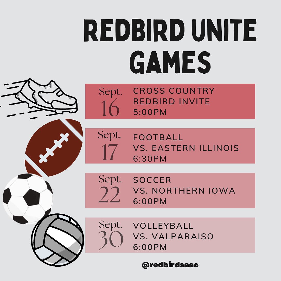 Bring your teammates! Bring your friends! We’ve got a busy month of Redbird Unite Games! You can get TRIPLE Redbird Cup Points for attending theses games &amp; posting it on your Instagram story! Let’s show out and support the ‘Birds! 💯🤩