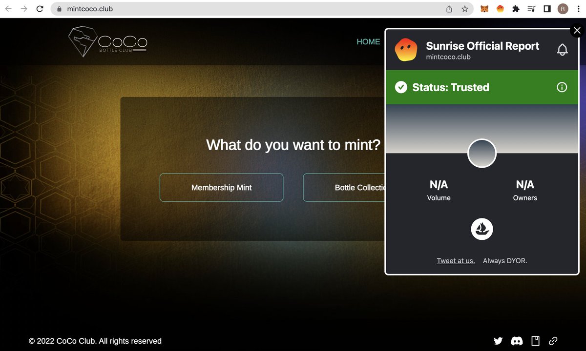 ✨Review Result for a #NFT Project✨

We've reviewed <a href="/CoCoBottleClub/">CoCo Bottle Club</a> and given them a 'Trusted' label. 

CoCo Bottle Club is an exclusive society that allows enthusiasts to access the world's rarest bottles. 

They are launching today! Best wishes to their community🔥🌞