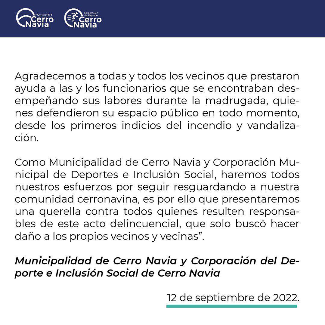 CerroNaviaCL's tweet photo. “Repudiamos enérgicamente el ataque incendiario que sufrió el Gimnasio Municipal durante la pasada noche del 11 de septiembre, y todo tiempo de violencia que dañe a nuestra comunidad" https://t.co/ynKjfrGUTl