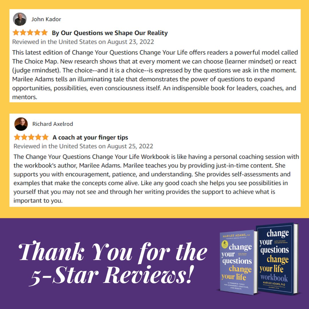 marileeadams's tweet photo. Thank you for your reviews for Change Your Questions, Change Your Life Book and Workbook. If you haven't purchased your copy of the book, workbook (of both!) yet, visit this link to learn more and download sample excerpts! https://t.co/ijWbVOeO8e
#changeyourquestions https://t.co/pXrZPoXQDO