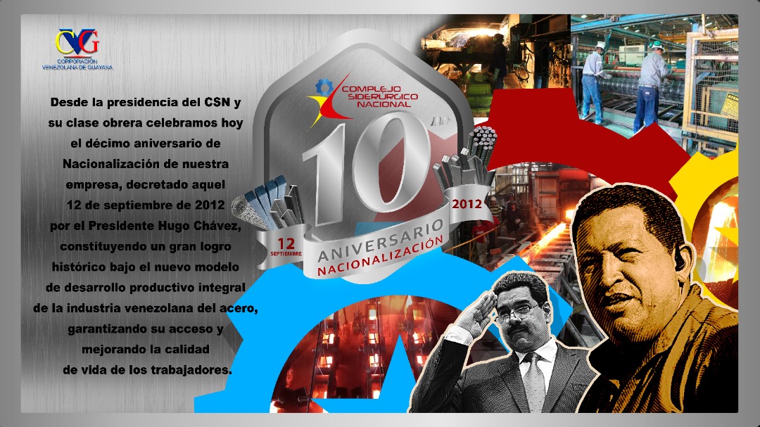complejovzlacvg's tweet photo. #Efemérides || Bajo el nuevo modelo de desarrollo productivo integral de la industria venezolana, el presidente Hugo Chávez decreta el #12Sep2012 la adquisición del hoy Complejo Siderúrgico Nacional (CSN), constituyendo un logro histórico de los trabajadores. https://t.co/4AxPxlGIe7