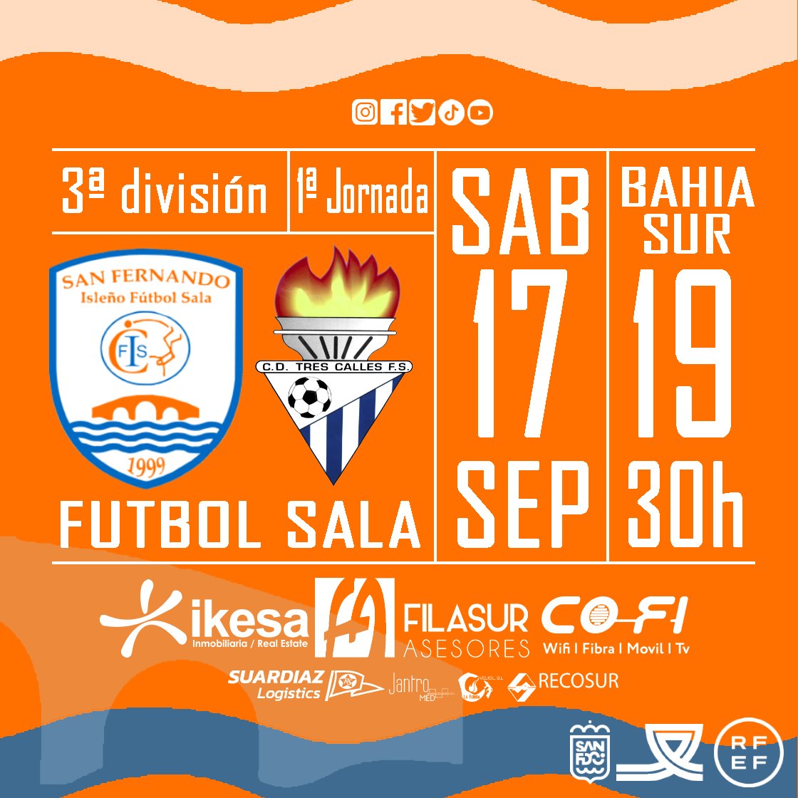 🥅PARTIDO ⚽ Oficial 👔 Temporada 1️⃣era Jornada🟠⚪
<a href="/sanfernandofs/">Isleño San Fernando FS</a> 🆚 @cdtrescallesfs
Nueva temporada en 3ª división y esperamos contar contigo aficionad@ al fútbol sala, ahora te toca a ti.
📍Pabellón Bahía Sur
📅 17 de Septiembre
⏰ 19,30 h
🧡💙 ¡Te esperamos!