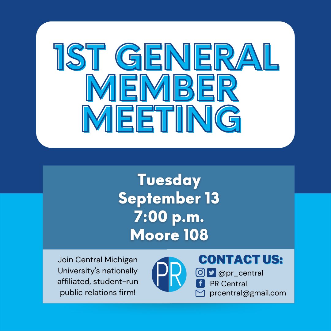 Interested in gaining hands-on experience with a student-run PR firm? We hope you join us for our 1st general member meeting of the semester! 

Tuesday, September 13 at 7:00 p.m. in Moore 108! 💙💙