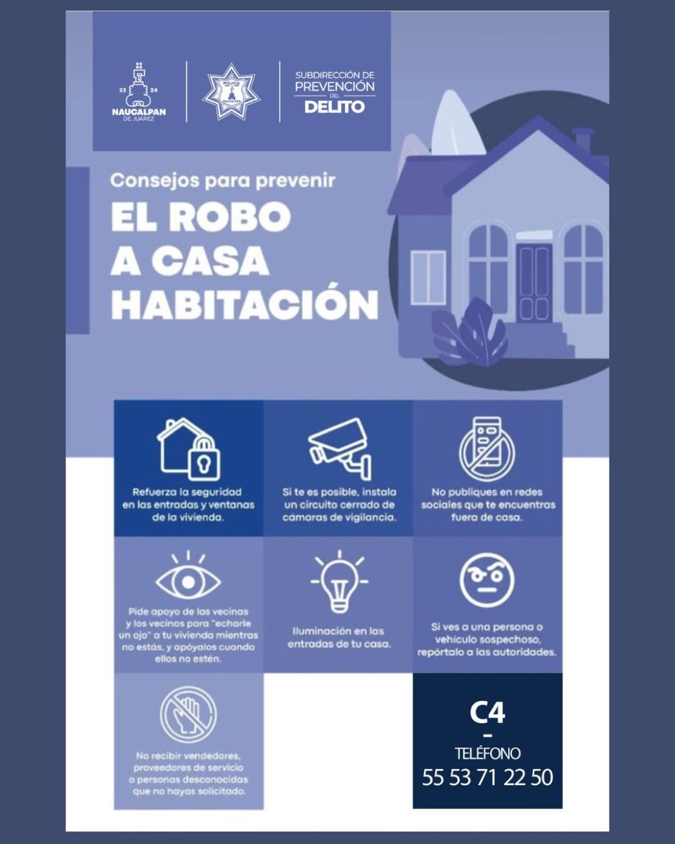 ComisarioPablo's tweet photo. Es importante prevenir y reducir riesgos del robo a Casa Habitación, te comparto estos consejos para disminuir la probabilidad, sin embargo, no olvides que si presencias o eres víctima de este delito, lo reportes al 911. La Policía de Naucalpan está para ayudarte.

#Seguridad https://t.co/vPZ3Sw9M5q