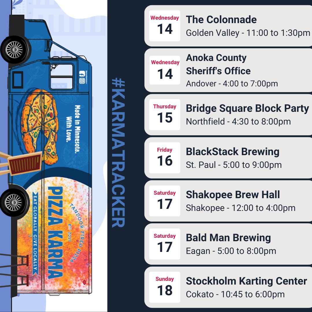 #trackthetruck is the best part of the week 💙

The Colonnade
9/14 11-1:30pm

<a href="/AnokaCoSheriff/">Anoka County Sheriff's Office</a> 
9/14 4-7:00pm

<a href="/DowntownNfldMN/">DowntownNorthfieldMN</a> 
9/15 4:30-8:00pm

<a href="/BlackStackBrew/">BlackStack Brewing</a>
9/16 5-9:00pm

<a href="/shakobrewhall/">Shakopee BrewHall</a>
9/17 12-4:00pm

<a href="/BaldManBrewing/">Bald Man Brewing</a>
9/17 5-8:00pm

Stockholm Karting Center
9/18 10:45-6:00pm
