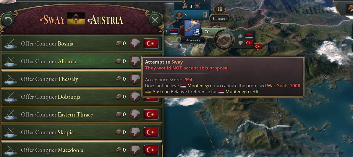 Just wrapped up the last big pass on Diplomatic Play AI for the release of <a href="/PDXVictoria/">Victoria 3</a> and I have to say that it's a lot more rude now :(