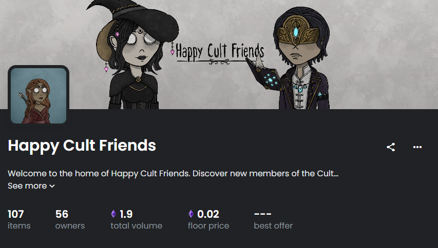 HappyCultFriend's tweet photo. 🕯️🖤🍂 Project Update 🍂🖤🕯️

Overview:
🔸 Over 100 #HCFs
🔸 Currently sold out
🔸 56 Cult Friend Holders
🔸 1.9 ETH volume traded

Up next:
🔸 Series 5: The First Ritual 🕯️😈🕯️
🔸 Release date TBC

Available on Secondary:
🔗 https://t.co/azX7sNtqoI https://t.co/aP1mOBzc82