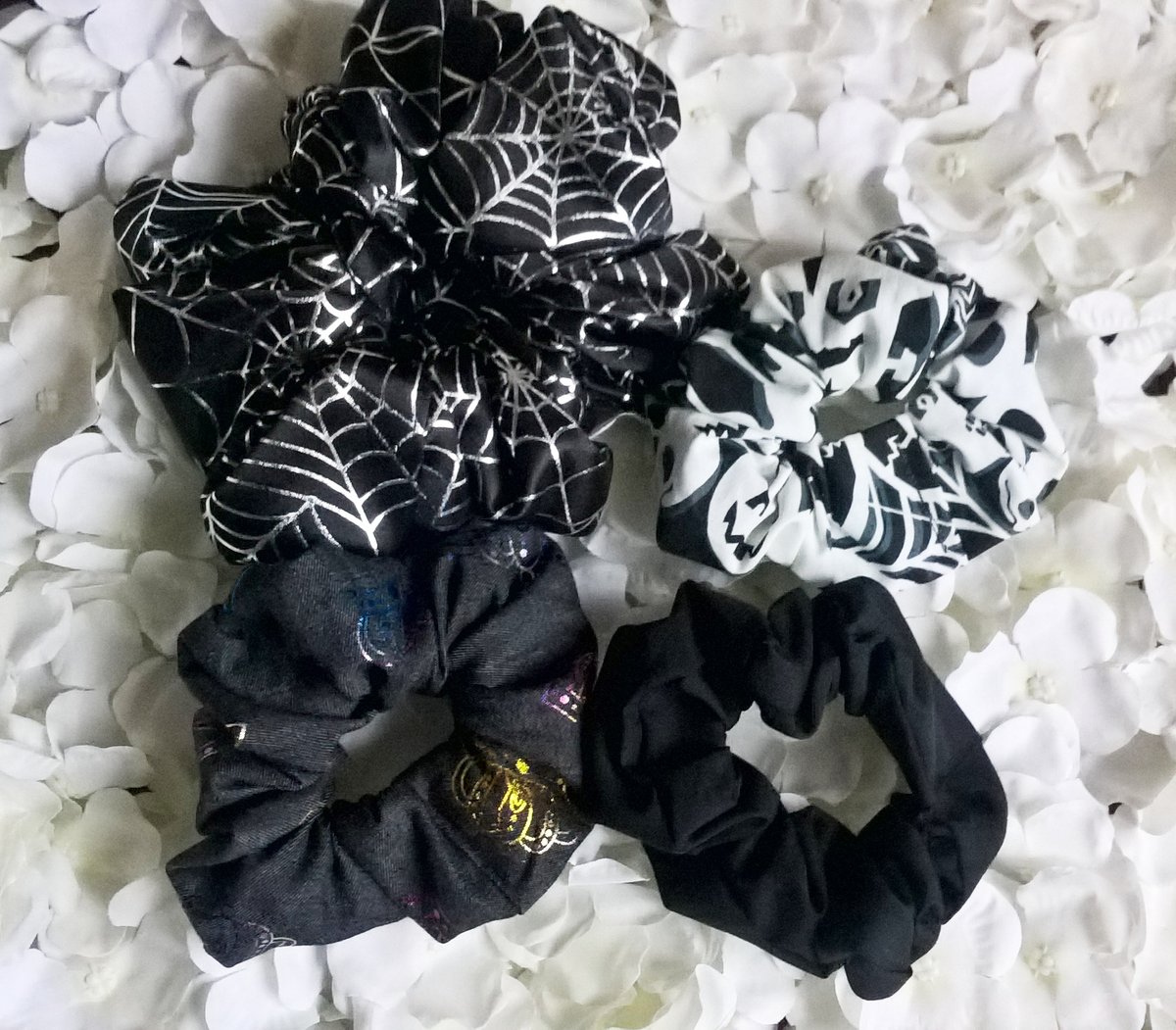 More scrunchies made and restocked. Spider mega scrunchie, glow in the dark halloween, denim rainbow crown and plain black. 
#MHHSBD #MJNWVIP #Craftbizparty #UKMakers #htlmp #SBS #ShopIndie #SmartSocial