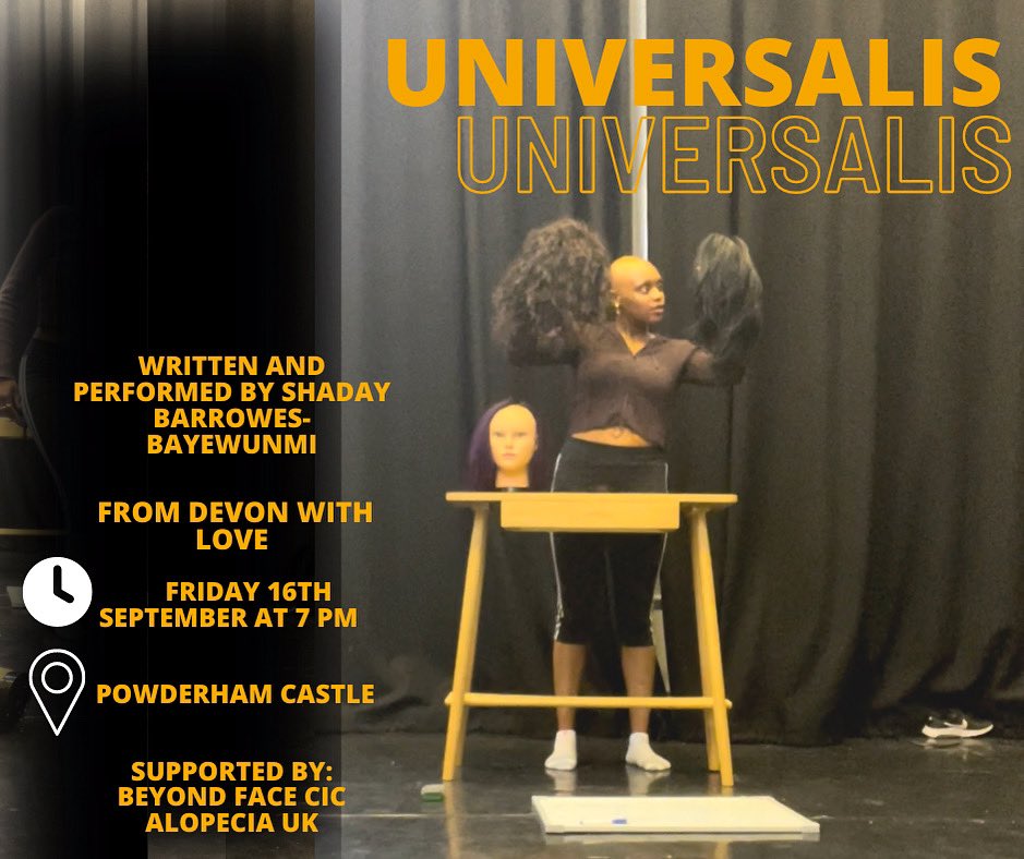 shadaybarrowes's tweet photo. It’s Alopecia awareness month and I am So excited to share that I’ll be performing ‘UNIVERSALIS’ a work in progress 30minute peice ‘from Devon with Love’ Festival at the powderham castle this Friday at 7pm!!

Link is here: https://t.co/5hIBagFnL7
Thank you to @VillagesIAction!☀️ https://t.co/wULFKcBI7P