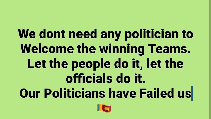 anuruddha_lka's tweet photo. We dont need any politician to Welcome the winning Teams.
Let the people do it, let the officials do it.
Our Politicians have Failed us
🇱🇰 https://t.co/Eo8BHw3K1D