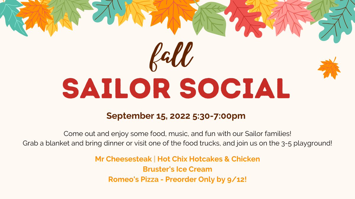 Come out this Thursday and enjoy some food, music, and fun with our Sailor families! 

A reminder that Romeo's Pizza is pre-order only to pick up at the event. Make sure to get your order in by 5pm today as we won't be able to accommodate late orders! 
sre.memberhub.com/store