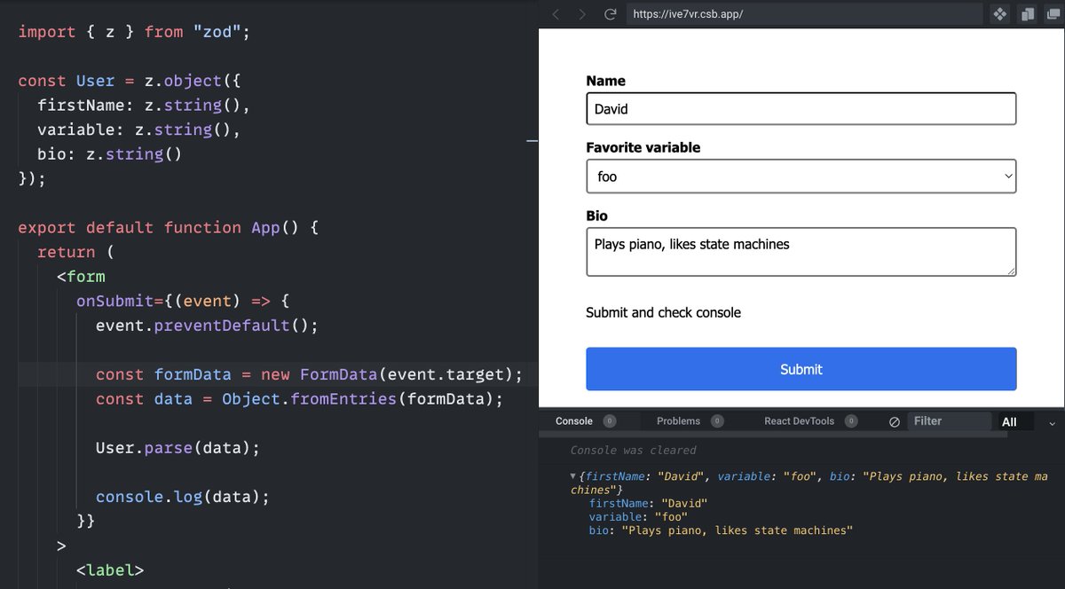 ⚛️ React tip: for most forms, you don't need useState()... or any hooks at all! You can read form data directly from the form by element name:

Object.fromEntries(new FormData(formEl));

You don't even need a form library most of the time.