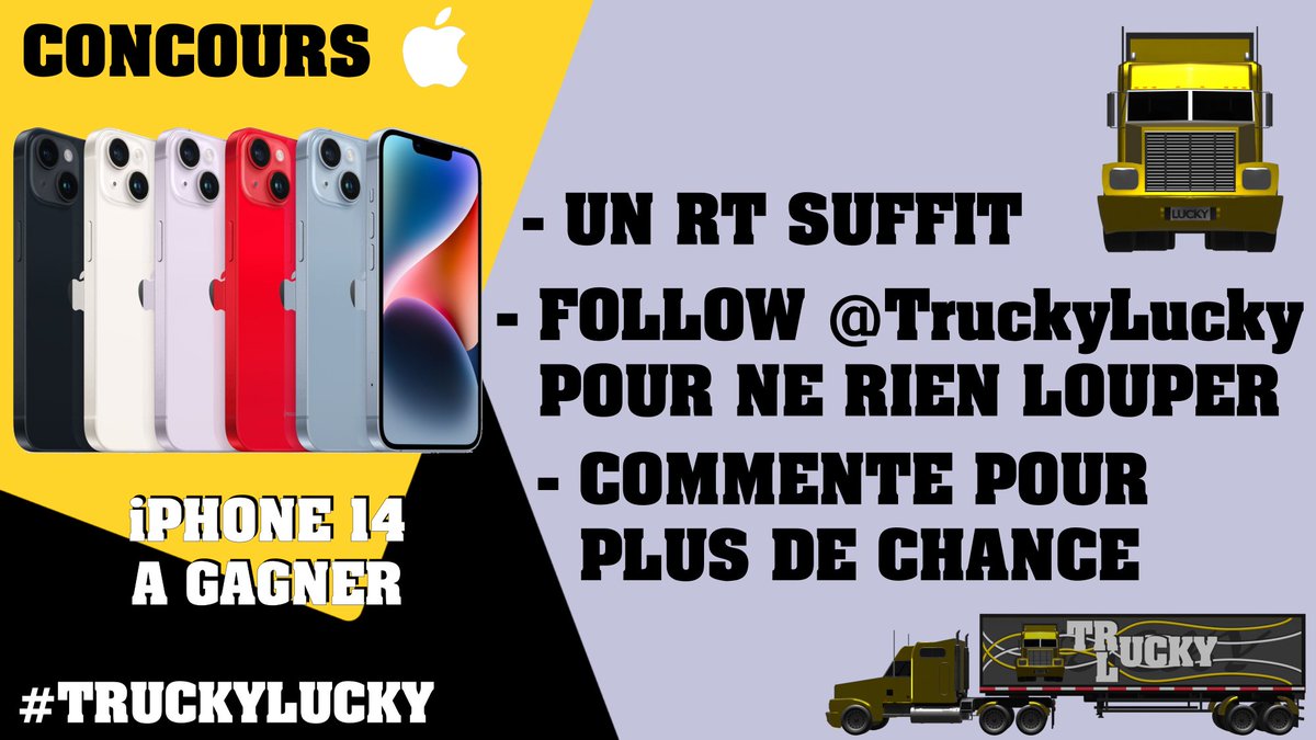 TruckyLucky's tweet photo. #Concours #Jeu
🎁📱Gagnez le tout nouvel iPhone 14 d'@Apple dans sa version de base à 128Go !

- 1 #RT suffit

🍀Plus de chances :
📲Sur l'app :
https://t.co/YMxqrtUQdF
💬Commentez avec mentions

Suivez @TruckyLucky pour plus de concours.

#JeuConcours #iPhone #iPhone14 #Apple https://t.co/FUKIEmvd6F