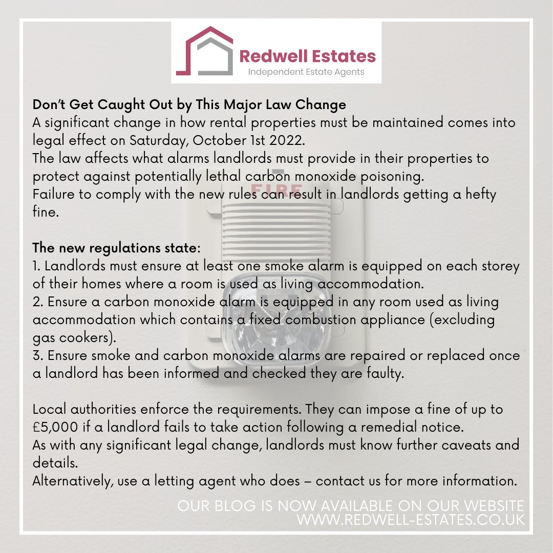 redwellestates's tweet photo. A significant change in how rental properties must be maintained comes into legal effect on Saturday, October 1st 2022. 🧯🚨
#house #property #propertiesforsale #sales #estateagent #business #viewing #landlord #tenant #movinghouse #moving #smokealarms #carbon #carbonmonoxide https://t.co/M9ZMWZzFMl