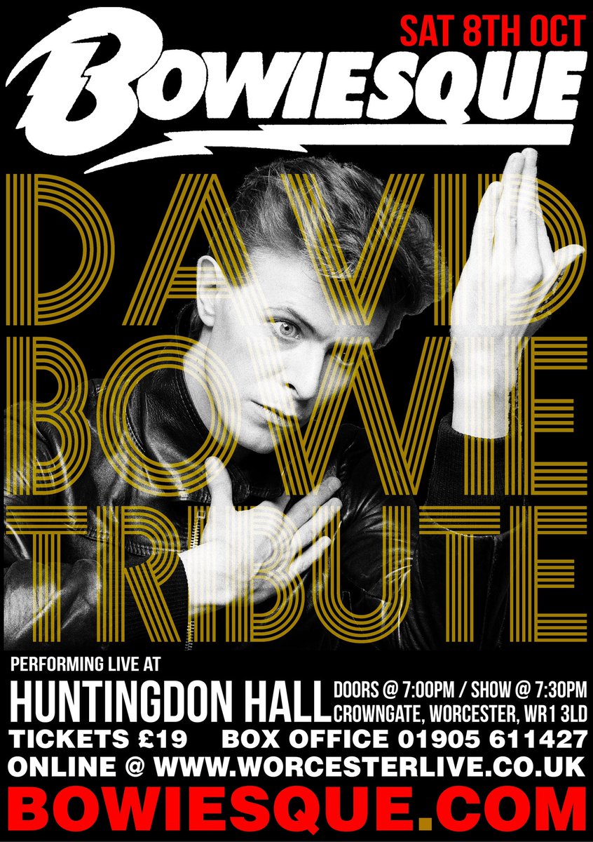 ***SATURDAY 8th OCTOBER***

Bowiesque are delighted to announce we will be performing live at Huntingdon Hall in #Worcester on Saturday 8th October 2022 from 7pm. 

Tickets available via

Telephone: 01905 611427
Online: worcestertheatres.co.uk/whats-on/bowie…

fb.me/e/8XvN8AKS8 #davidbowie