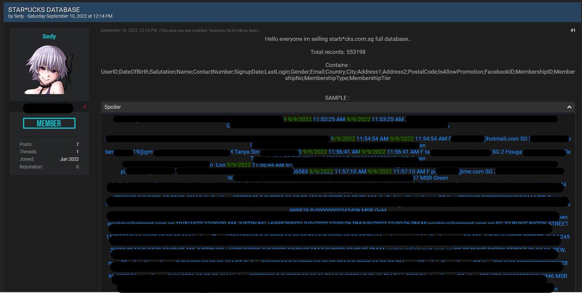 Vendor in hackers forum has added STARBUCKS DATABASE Singapore for sale. This breach includes User ID, DoB, Name, ph no, Email, Country, City , Address, etc.

#Singapore 🇸🇬

#databreach #darkweb #deepweb #cyberrisk