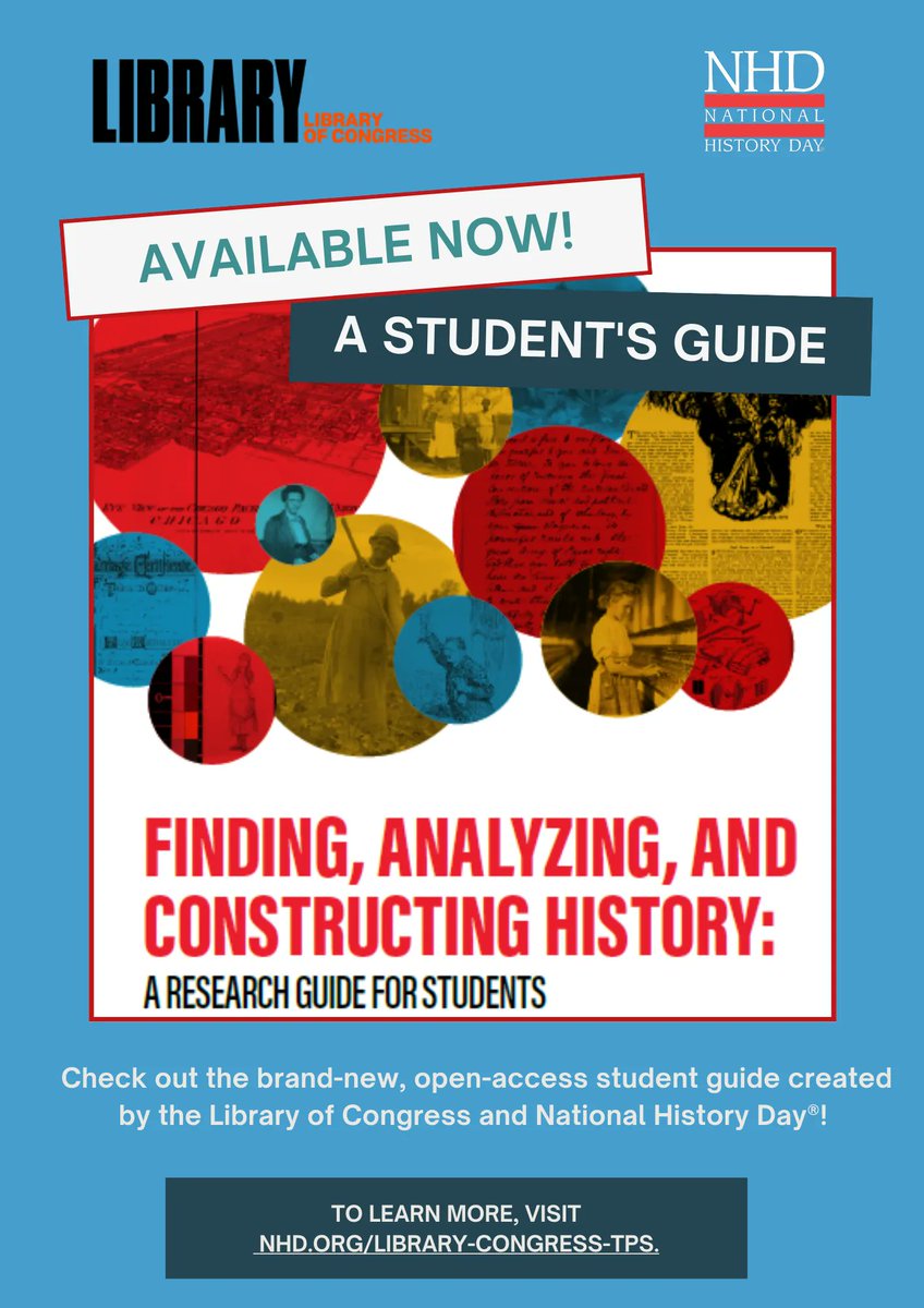 NationalHistory's tweet photo. We are so excited to announce the release of our new book, FINDING, ANALYZING, AND CONSTRUCTING HISTORY: A RESEARCH GUIDE FOR STUDENTS, co-written with #NHDPartner, @librarycongress. 

Download a copy today at https://t.co/ygPU8e4N49. https://t.co/rq4YAdTu6R