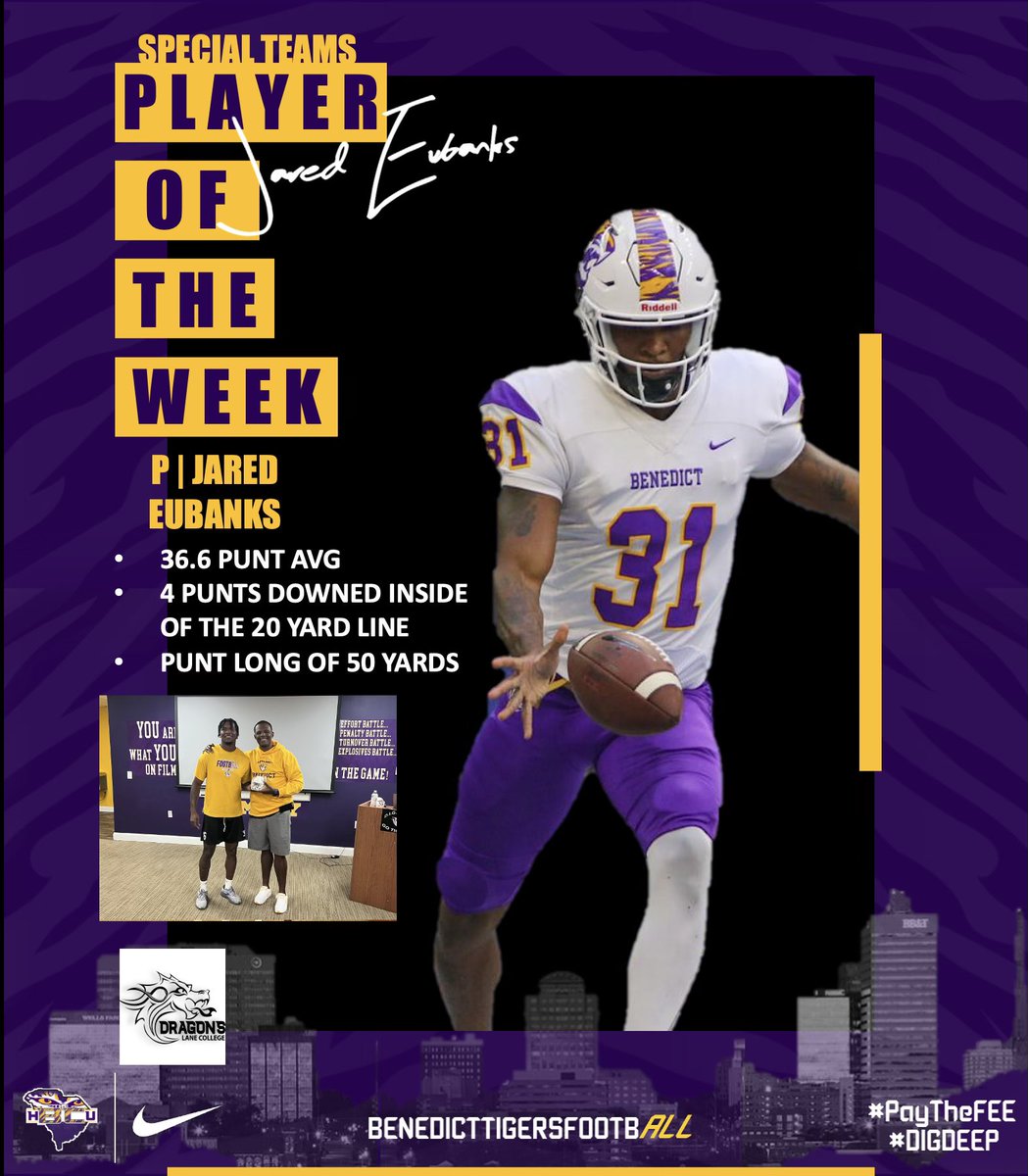 Go Tigers!

It is our pleasure to present our players of the week from our Week 2 win over Lane College.

Our entire defense is being recognized for pitching a shutout and <a href="/Grouponpapi/">Jared Eubanks</a> is being recognized for leading our special teams effort!

<a href="/BenedictEDU/">Benedict College</a> <a href="/benedict_tigers/">BC Tigers Athletics</a>