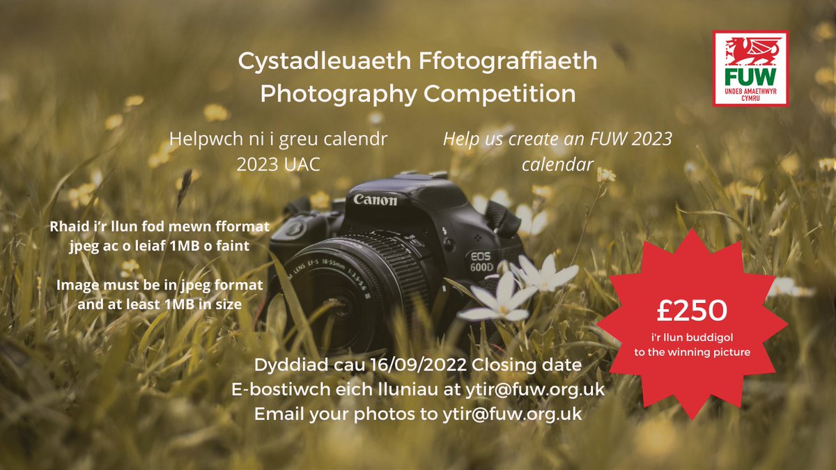 📸📸📸
Cofiwch mai dim ond tan dydd Gwener sydd gyda chi i anfon eich llun mewn atom ar gyfer y gystadleuaeth ffotograffiaeth. Cofiwch anfon eich lluniau amaethyddol sy’n dangos Cefn Gwlad Cymru ar ei gorau at ytir@fuw.org.uk erbyn 16eg o Hydref.