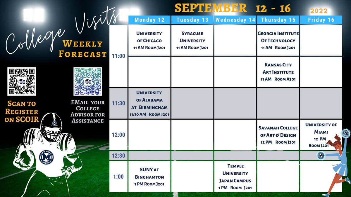 Here is the slate of this week's College Visits! Make sure you sign up in Scoir!