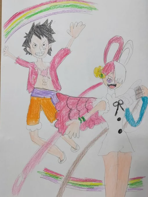 ・FILMRED(娘)娘と2回目を観に行ってきました!特典の絵も元気いっぱいに描けててとっても素敵#ONEPIECE#ワンピース#OP_FILMRED#ルフィ#ウタ#7歳の落書き#落書き#イラスト 