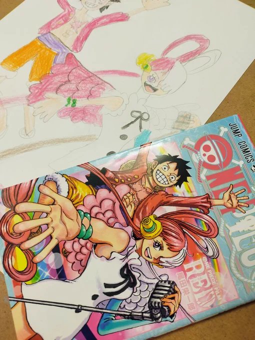 ・FILMRED(娘)娘と2回目を観に行ってきました!特典の絵も元気いっぱいに描けててとっても素敵#ONEPIECE#ワンピース#OP_FILMRED#ルフィ#ウタ#7歳の落書き#落書き#イラスト 