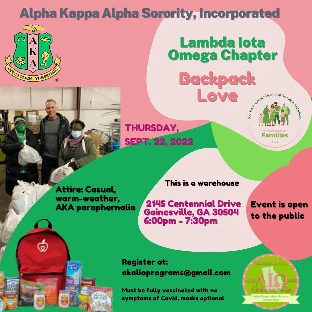AKALIO1908's tweet photo. Join Lambda Iota Omega Chapter , High School College Prep students, and community members on Thurs, Sept. 22, 2022, at Backpack Love as we pack nonperishable items in backpacks to be distributed at schools in the Gainesville City-Hall Co school systems. #akalio1908 #backpacklove https://t.co/HavJLOeIWi
