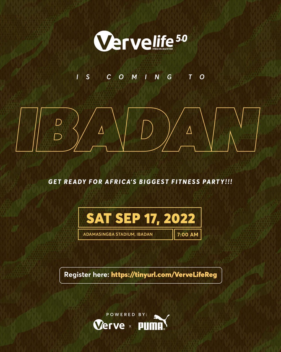 We are in the city of brown roofs on Saturday.

Date: 17th of September 2022.
Venue: Adamasingba Stadium, Ibadan.
Time: 7:00AM

Register here to attend - tinyurl.com/VerveLifeReg

Come through people, let’s workout and party together 🏃🏽‍♀️🏋🏽‍♀️🤸🏽‍♂️

#Africa’sBiggestFitnessParty
#VerveLife