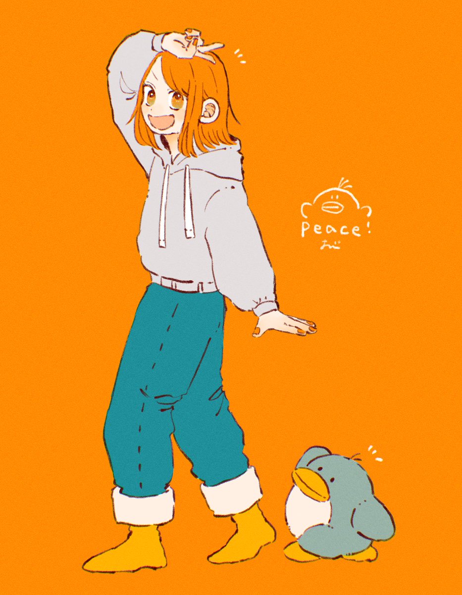 hood 1girl pants smile hoodie penguin orange background  illustration images