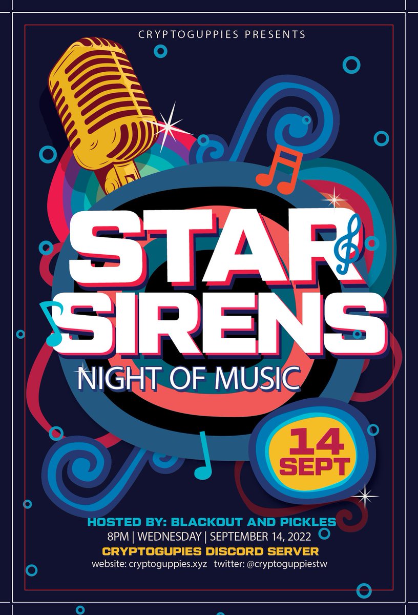 STAR SIRENS REUNION! 

chill with our Star Sirens!  
8PM | WEDNESDAY | 09-14-22 
@ Cryptoguppies Discord Server 

With giveaways! 
G-cash
Whitelist spots
Chibi Guppy Airdop!

#NFTCommunity  #NFTGiveaway  #nftcollector  #NFT