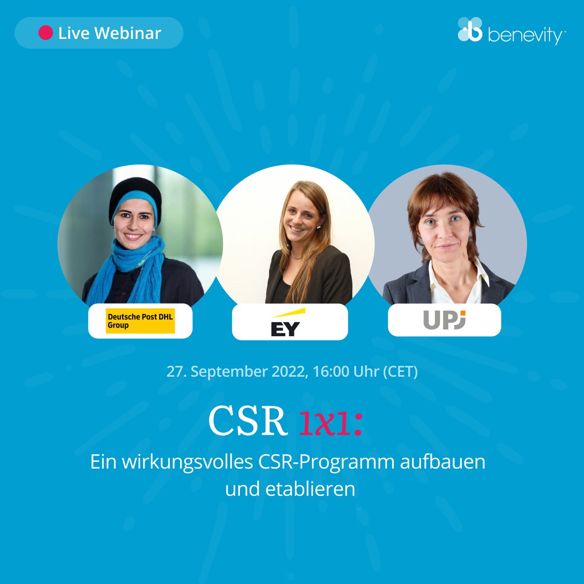 Alayagood's tweet photo. 🗣 Wie baut man eigentlich ein wirksames CSR-Programm auf? Diese und viele weitere Fragen werden wir in unserem Webinar am 27. September gemeinsam mit EY, DHL Deutsche Post Group und UPJ beantworten.
Sicher Sie sich jetzt Ihren Platz! 👉 https://t.co/MWl2Hq7tog https://t.co/s7ukFVP6Xq