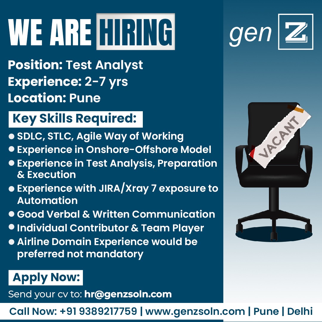 genZSolutions's tweet photo. We Are Hiring!

#genz #genZsolutions #testanalyst #jobopening #hiring  #pune https://t.co/SDTxWxIEom