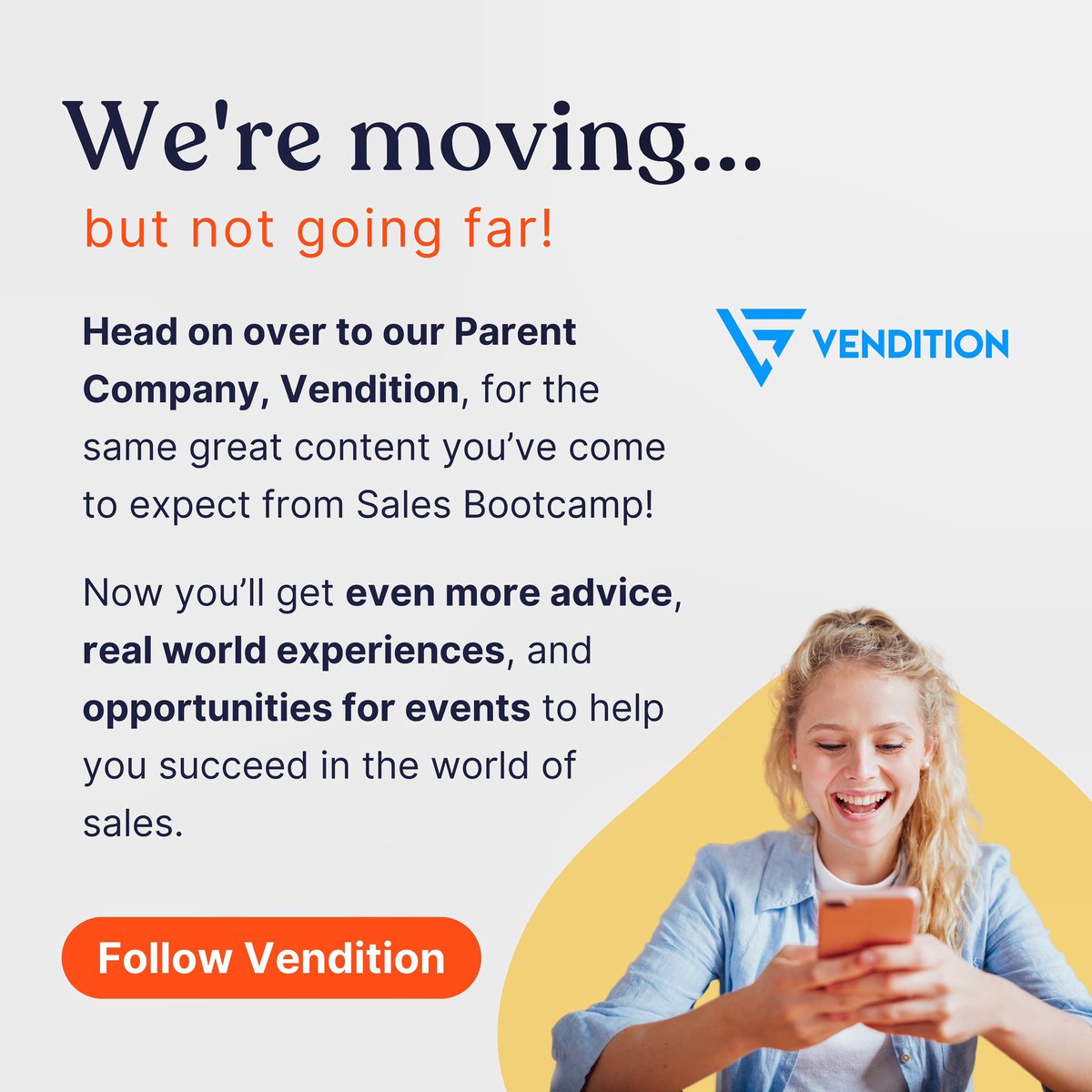 salesbootcamp's tweet photo. Did you hear the news? 📰

Sales Bootcamp is moving!

Follow along with our Parent Company, @GoVendition, to find even MORE content related to…
🔹 Tech Sales
🔹 Interview Prep 
🔹 Career Tips 
🔹 Insider Events &amp; Webinars

See you there! 📲

#govendition #techsales https://t.co/ifIRx4KBSD