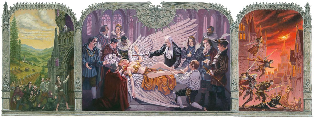 RalphHorsley's tweet photo. Exsanguination.
This was a private commission depicting the narrative preceding where the demon Shilgengar exsanguinates the female angel Marycz, with the help of Edgar Markov and 11 other vampire progenitors, and showing the consequences.#mtg #markov #vampire https://t.co/69DlkFdmZr