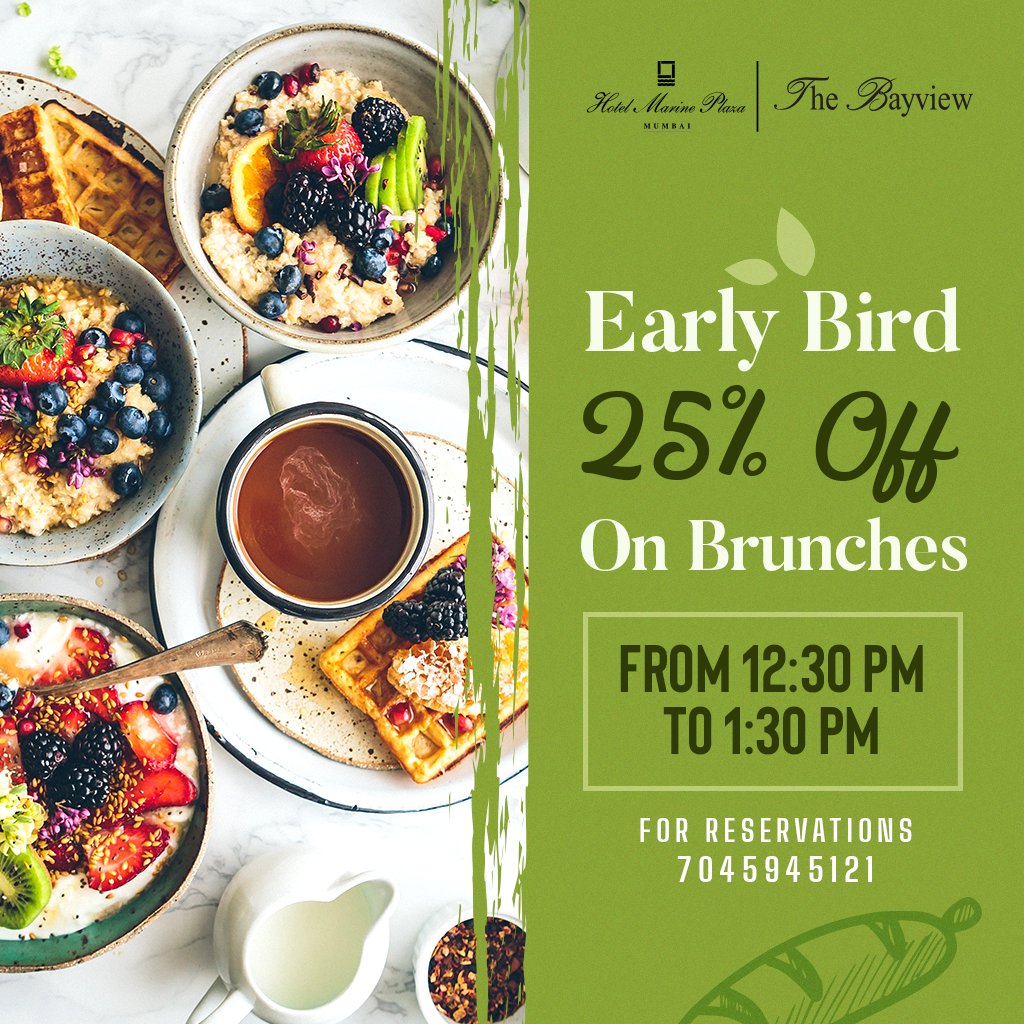 Make the most of our early bird offers with your friends and family.
Days: Sunday
For reservations, contact us at - 7045945121
#HotelMarinePlaza #ALuxuriousExperience 
.
#HealthyEating #Mumbai #Marinedrive #Churchgate #Hotel #TheBayview #Weekendbuffet #dinnerbuffet #Mumbaibuffet