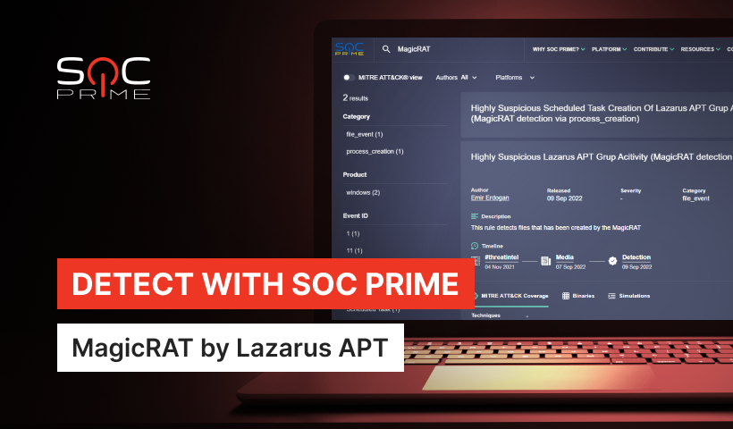 SOC_Prime's tweet photo. Grab #Sigma rules to detect #MagicRAT used by #Lazarus APT to target energy providers in the US, Canada, and Japan: https://t.co/d0XOCRrtSQ. 

2,400+ Sigma rules to detect Lazarus attacks are a few clicks away for less than $5,000 with On-Demand access at https://t.co/kAri31c88W. https://t.co/SHEfXrML9n