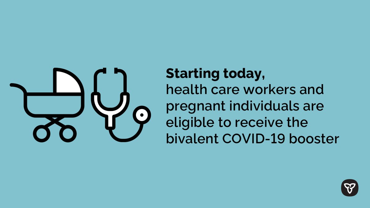 ONThealth's tweet photo. Starting today, #HealthCare workers and pregnant individuals aged 18+ are eligible to receive the bivalent #COVID19 booster. 

Between Sept 12-25, appointments can be booked by calling 1-833-943-3900 or through participating pharmacies. 
https://t.co/QZEdgHO2kM https://t.co/7Yq8xL04Ib