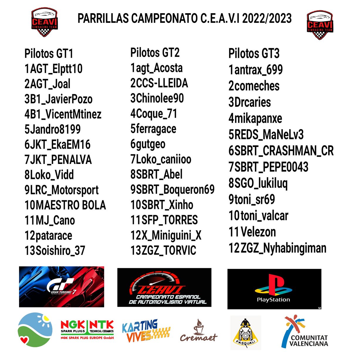 Listas las parrillas con los pilotos que disputarán el próximo campeonato de resistencia CEAVI. Mucha suerte a todos y nos vemos en la parrilla de salida este próximo miércoles 14 LET'S GOOOO