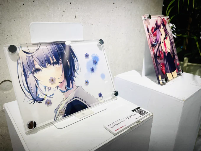 【個展 #青光 受注生産グッズ紹介】今回のグッズの中で「そんなんできんの!?」となったグッズ、それがこちらの卓上押し花アクリルアートです。アクリルで押し花を挟んで、元のイラストの花部分を再現しています。BOOTHにて予約受付中です 