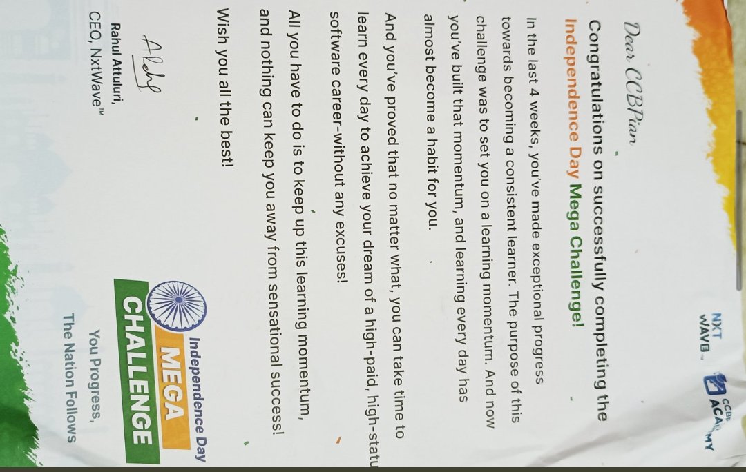 JuluriSai1's tweet photo. As a part of independence day mega challenge today I received this 
Eagerly waiting for more challenges ... #NxtWave #ccbp https://t.co/w9RyJQSTY9
