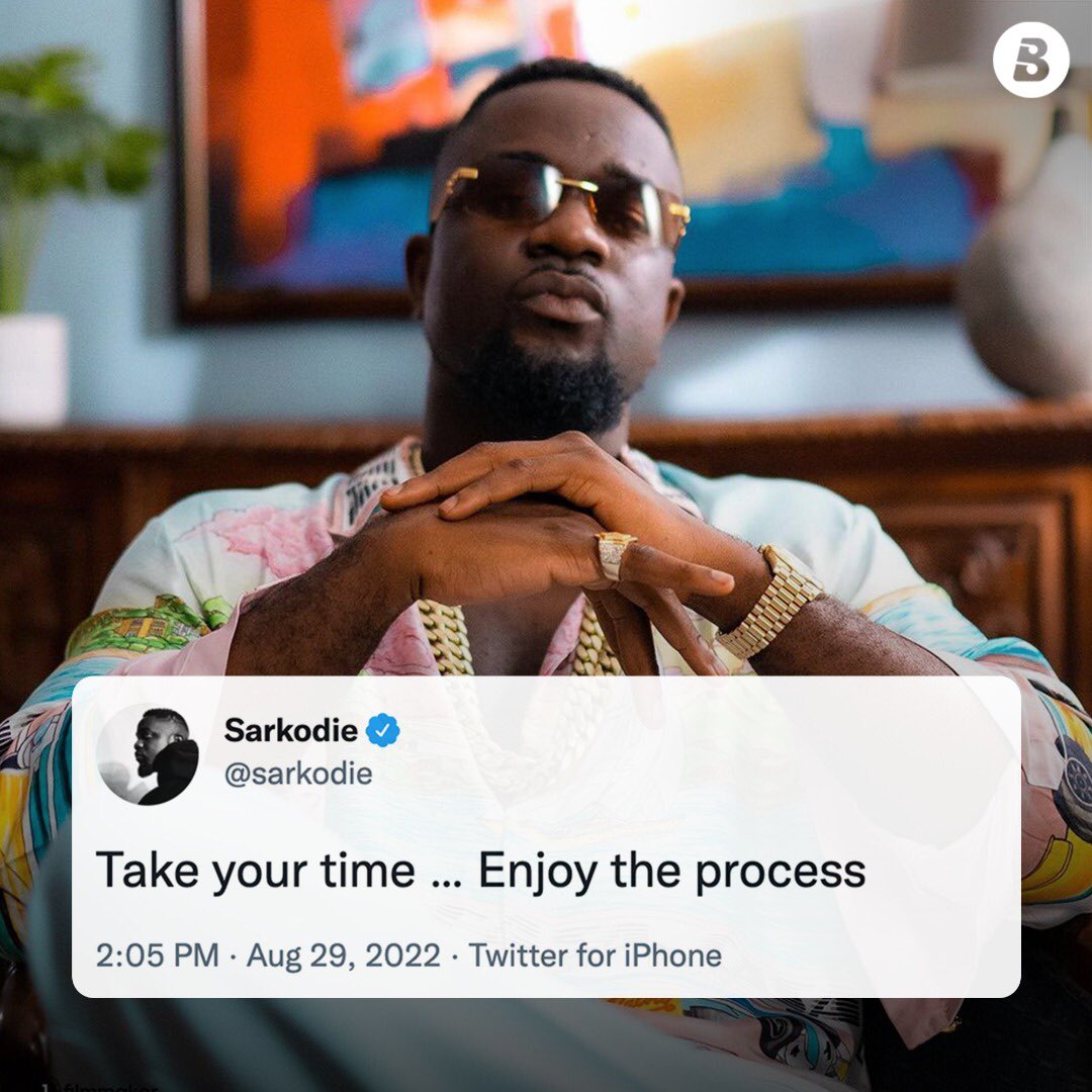 BoomplayGhana's tweet photo. Words of wisdom for the week from King Sark🙌. Don't rush, enjoy the entire process. Thank you, @sarkodie 🙏🏾.

#MusicForYou #HappyMonday #HomeOfMusic #BoomplayInspiration https://t.co/OkiisDoJFU