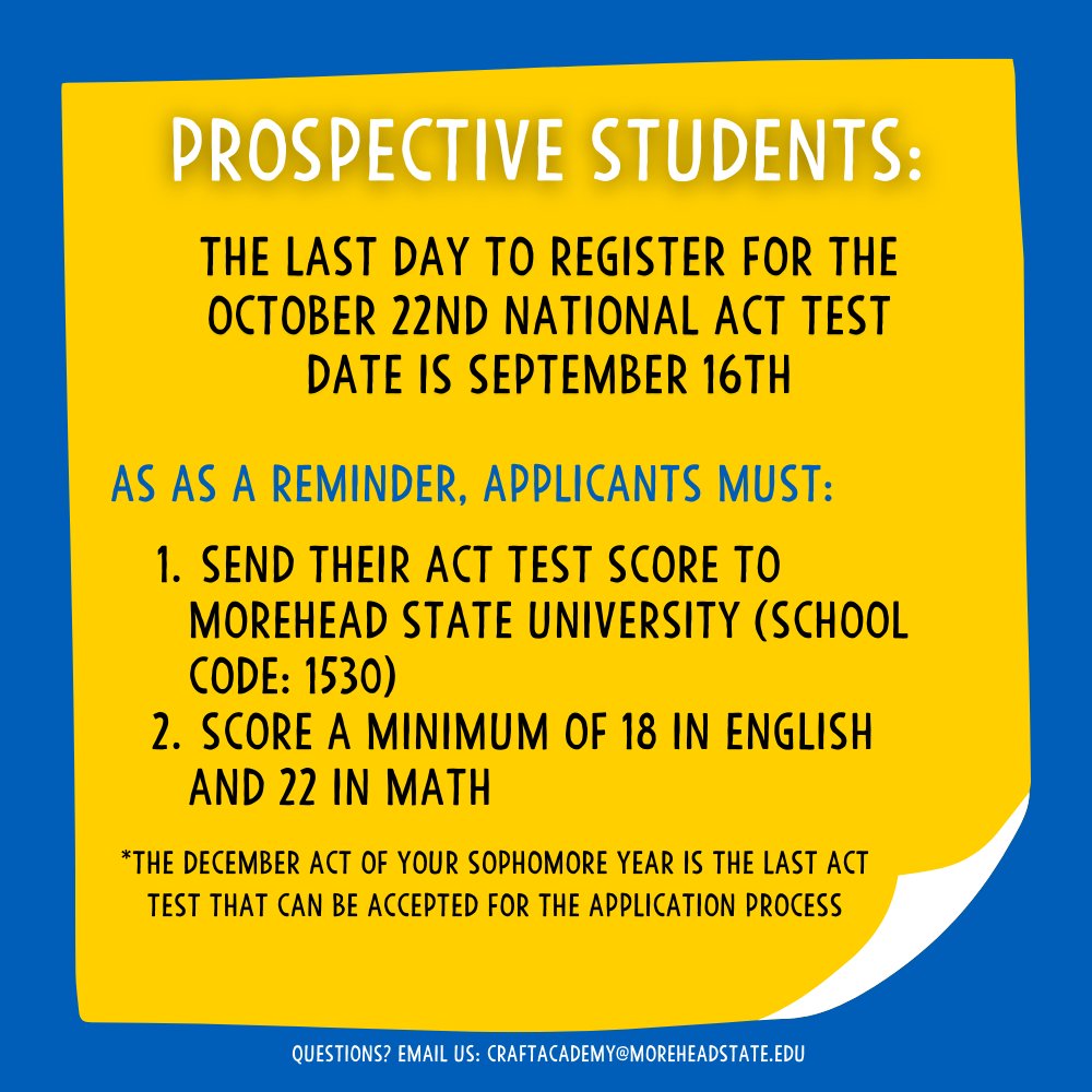 craftacademymsu's tweet photo. Prospective Students: Make sure to register for the October ACT by this Friday, September 16th!
All ACT Scores must be sent to Morehead State University as a part of the Craft Academy Application (School Code: 1530)

Register today: https://t.co/9iTH3FqNbB https://t.co/qAhun0Smbx