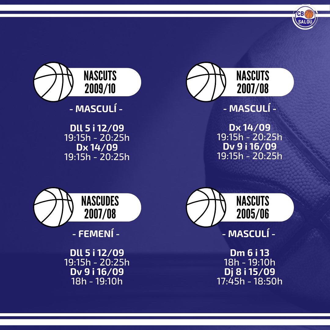 CbSalou's tweet photo. CLUB | 💥 Seguim amb les portes obertes! 

🏀 T’agrada el bàsquet? Vine a provar els nostres entrenaments 

⬇️ Consulta els grups i horaris

#SomBàsquet #SomSalou https://t.co/IU5rbEdtPH