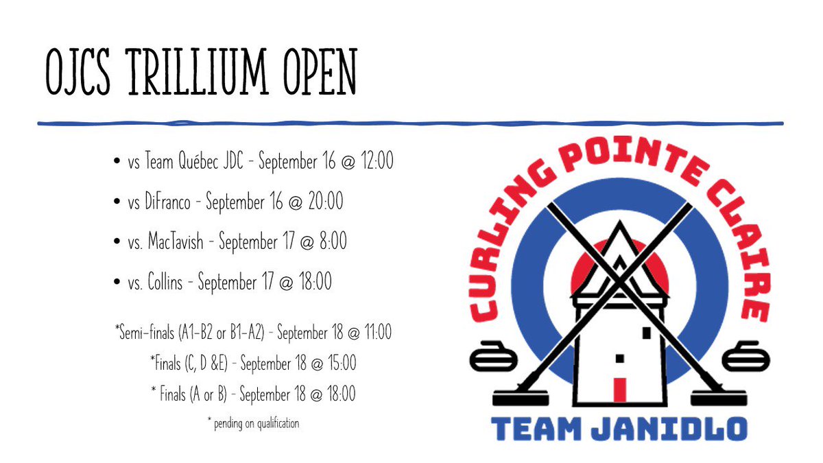 We just received our schedule for the OJCS Trillium Open!  We cannot wait to kick off this new season…

Is it Friday yet??

@HardlineCurling @PROCURLINGWear @ErikaJo13599333 @SkylinEntourage @pccurling #jasonholt #dominiontshirt #promaxcombustion #drtandrpluta #wildwillys