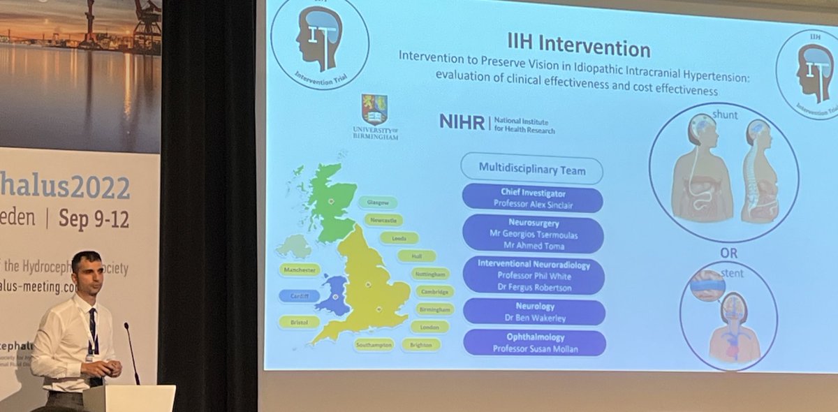 MazByrne's tweet photo. Mr Georgios Tsermoulas mentioning the upcoming UK #IIH Intervention Trial shunt versus stenting in preserving vision during his talk on @MIETHKE M.scio recordings #Hydrocephalus2022 @hydrocephalusso @IIHUK @IIHDrBirmingham @DrMollan @UHBNeurosurgery https://t.co/W2eKQ23MCF