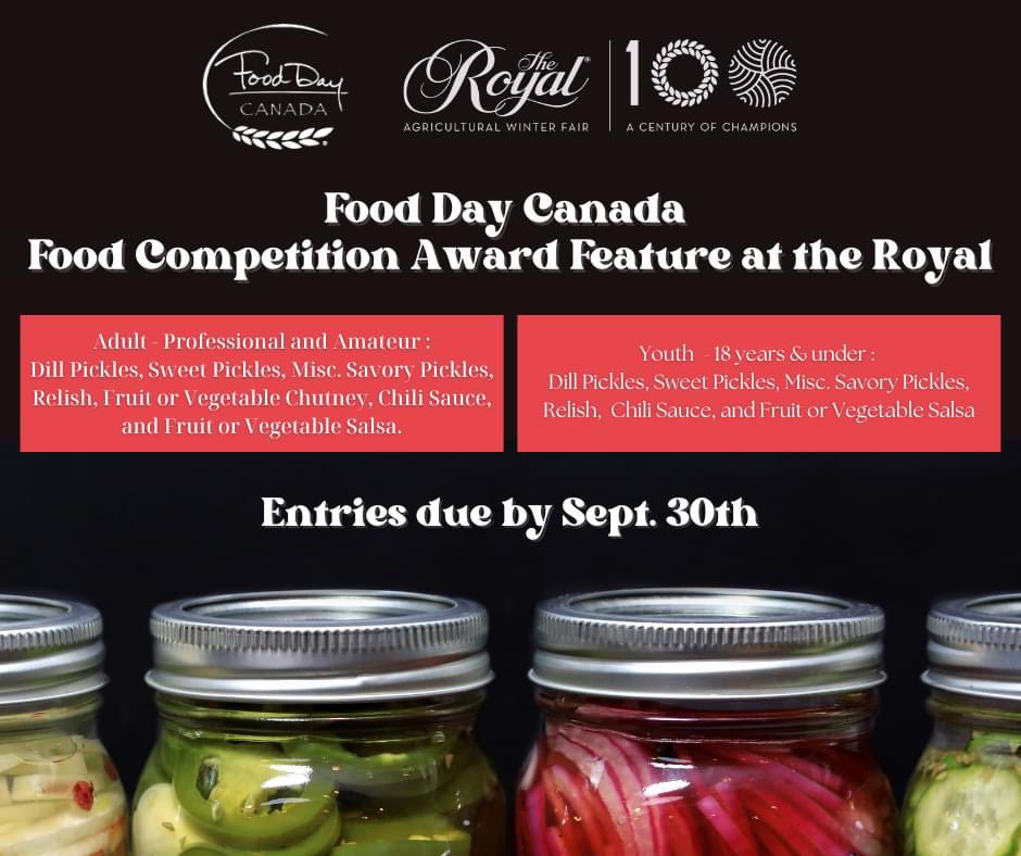 Do you have a fave pickle, salsa, chili sauce or relish recipe? 
Use 🇨🇦 ingredients and enter to win in the special #FoodDayCanada class at 100th Anniversary <a href="/RoyalWinterFair/">TheRoyalWinterFair</a> 
Youth, amateur, pro divisions. 
Enter by Sept 30 and get your bragging rights confirmed! 👏
#foodies