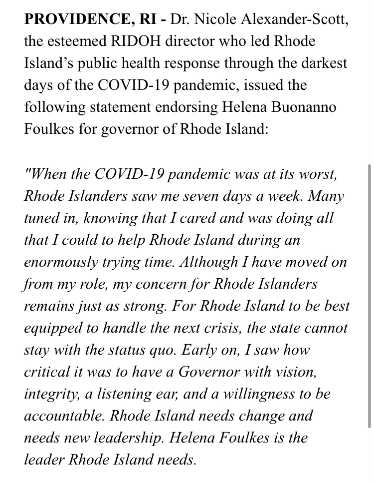 IanDon's tweet photo. Former @RIHEALTH director Dr. Nicole Alexander-Scott endorses @HelenaBFoulkes https://t.co/TDrJ5ldCDo