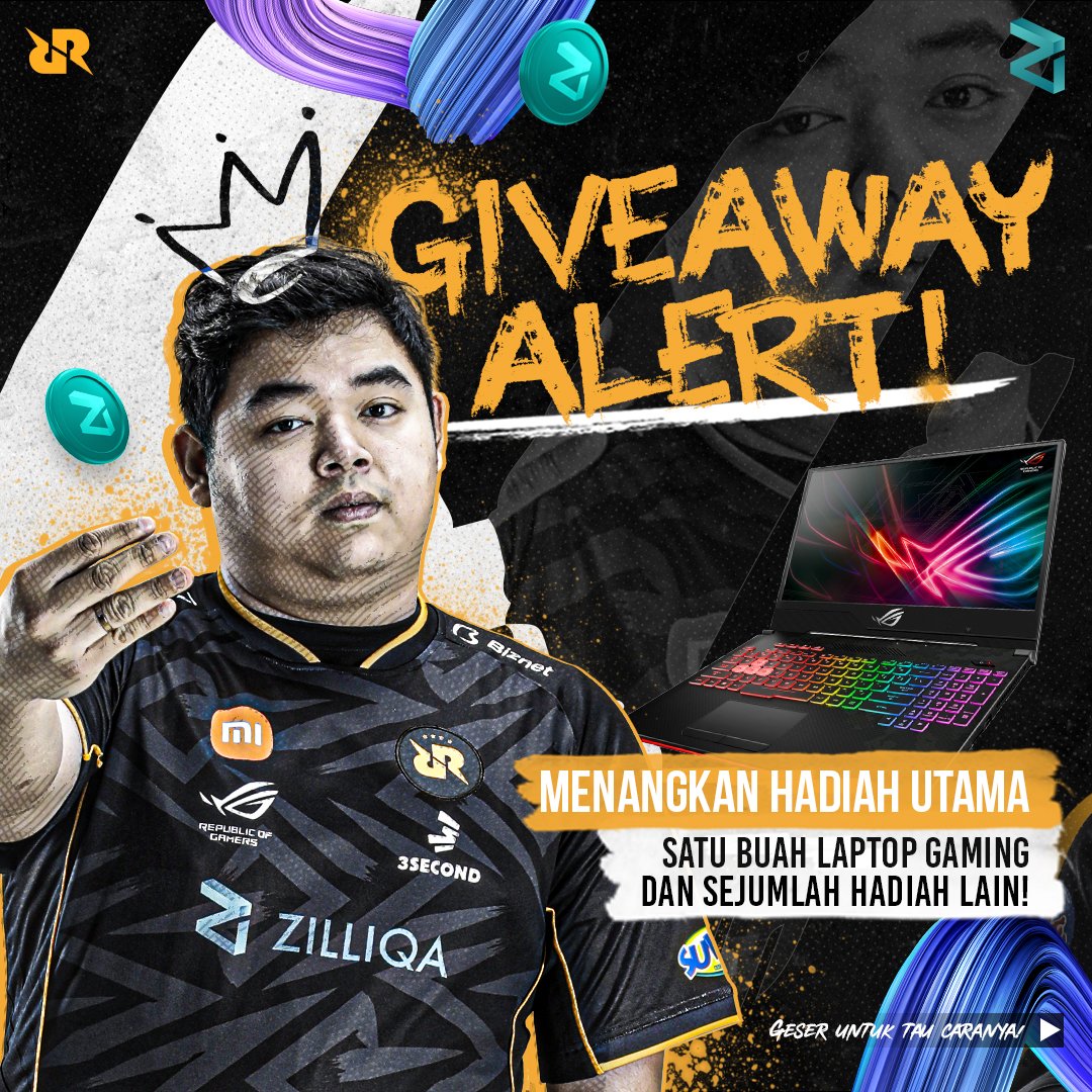 teamrrqofficial's tweet photo. RRQ dan @zilliqa_gaming  lagi bikin Giveaway besar-beasaran, nih!  Kalian bisa menangin laptop gaming, jersey + tanda tangan pemain, sampai Zilliqa Coin. 

Simak caranya di slide 2, kuy! https://t.co/vTu98Fx2fi