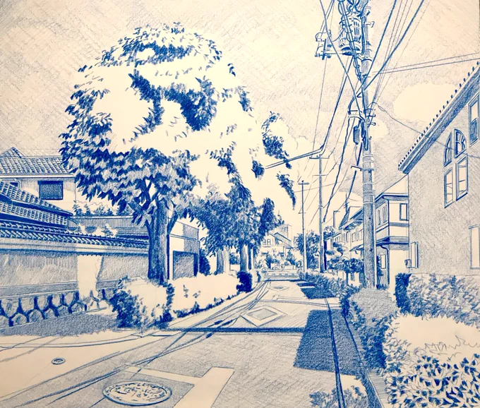 F10号。シアン版1回目はこんな所。次はマゼンタ版。#色鉛筆画 #風景画 #4色描画 #林亮太 